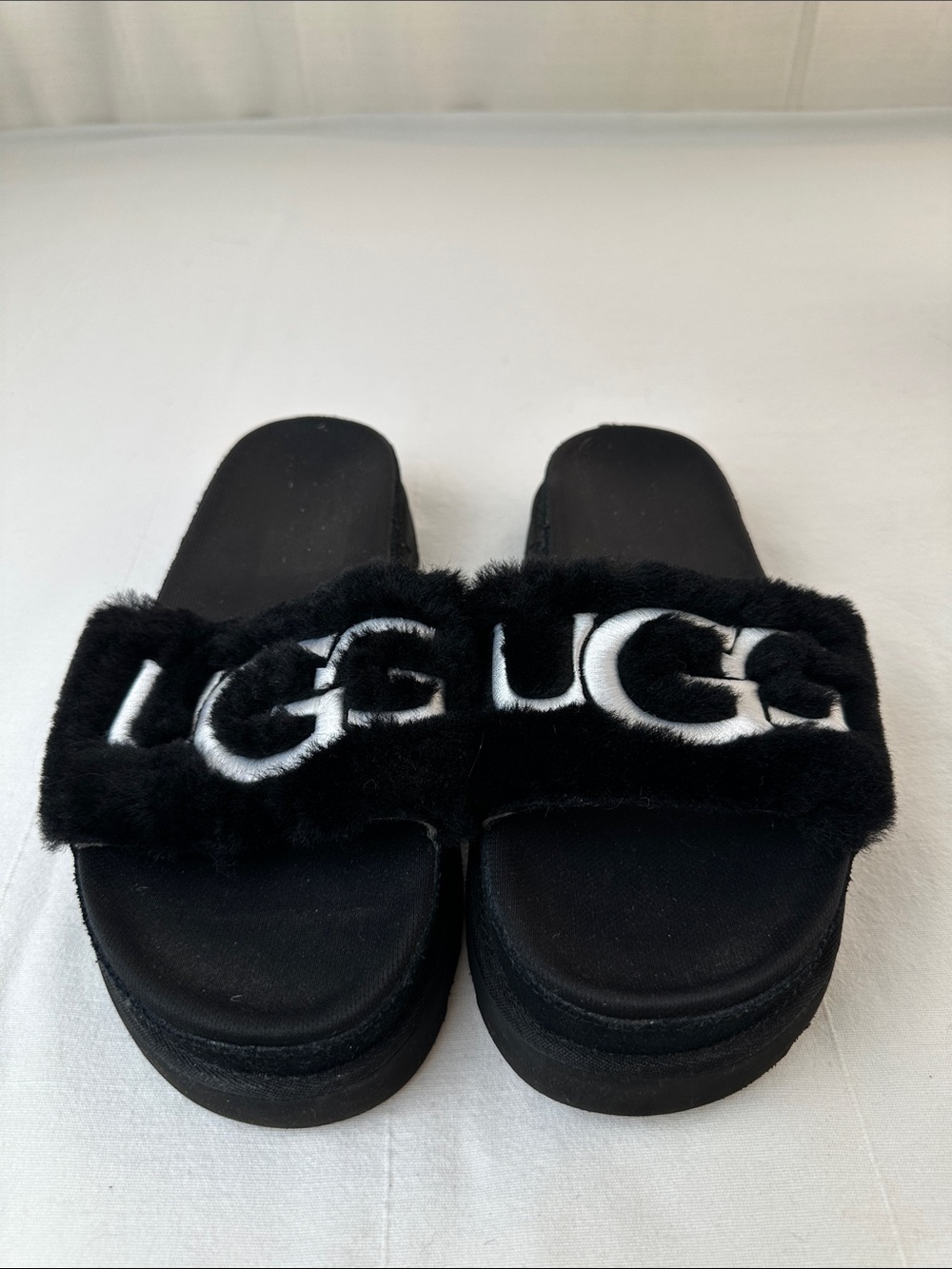 UGG Black Faux-Fur Logo Slide Sandals